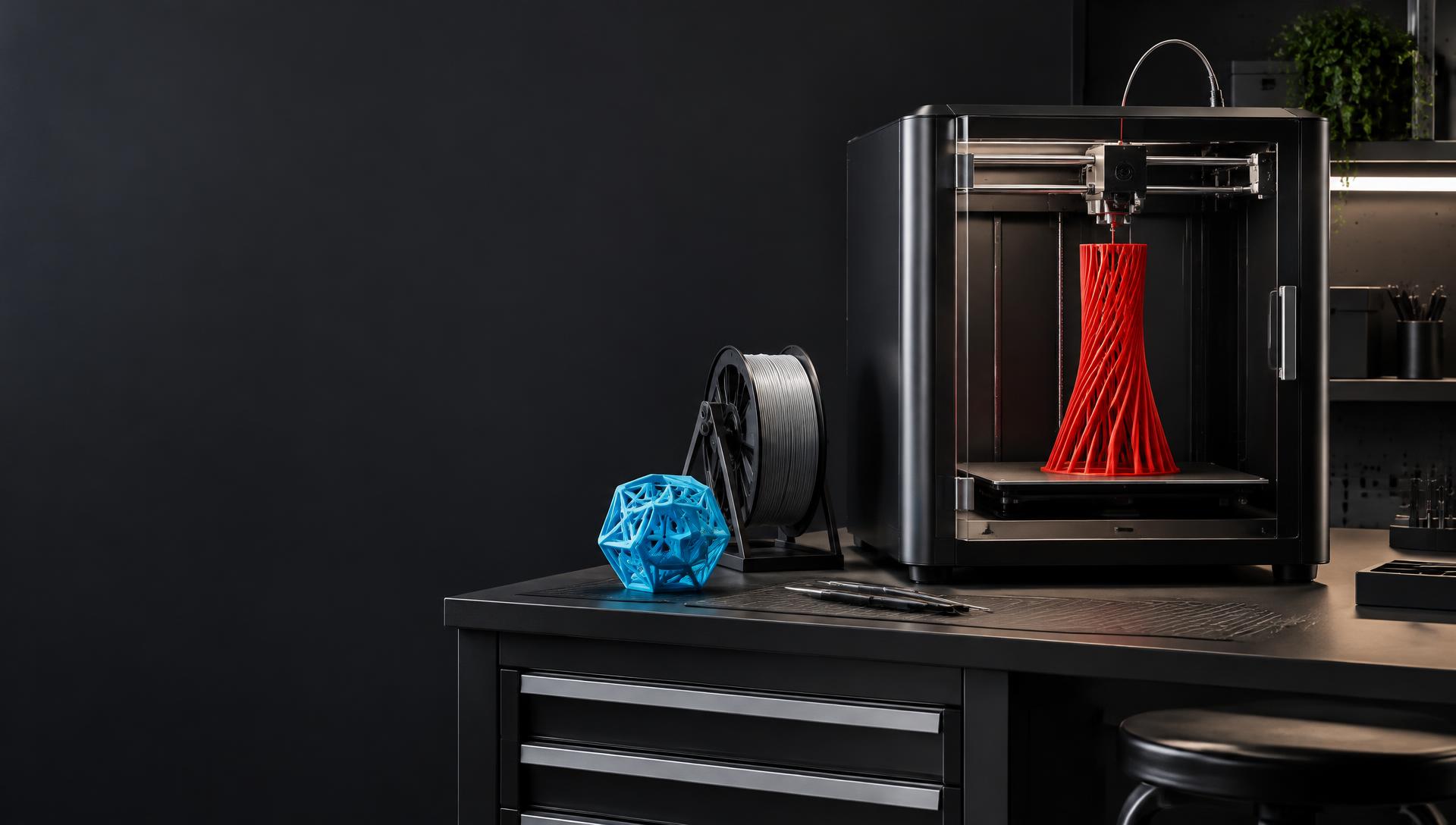 Illustratieve 3D-printwerkplaats met rood architectuurmodel